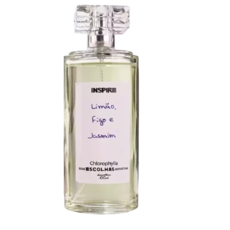 Frasco de perfume Inspire da marca Chlorophylla, com rótulo indicando os ingredientes "Limão, Figo e Jasmim". O frasco possui design elegante e transparente, com tampa de cristal.