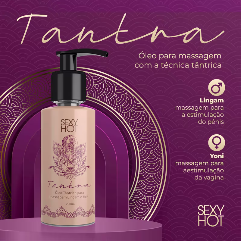Óleo para massagem com a técnica tântrica, da marca Sexy Hot. A embalagem exibe o nome do produto "Tantra" em destaque, junto com informações sobre suas propriedades de massagem para os pontos erógenos Lingam (pênis) e Yoni (vagina).