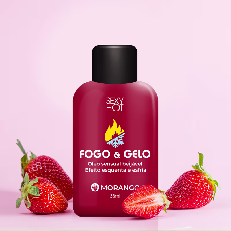 Óleo sensual da marca Sexy Hot, com o nome "Fogo & Gelo". A embalagem é um frasco de vidro vermelho com um rótulo preto, exibindo o nome do produto e a marca. Ao lado do frasco, há algumas morangos frescos, complementando a imagem do produto.