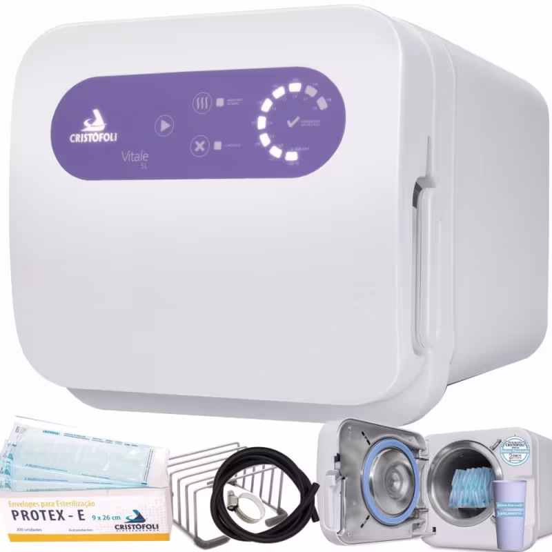 Esterilizador de mesa Cristófoli Vitale 5L, com painel de controle digital, envelopes de esterilização Protex-E e acessórios incluídos, em design compacto e predominantemente branco e roxo.