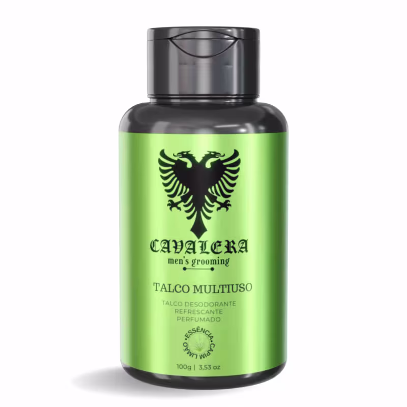 Talco Multiuso Cavalera, em frasco plástico preto e verde, com logotipo da marca em destaque. Produto de higiene pessoal masculina, com informações sobre a essência e propriedades refrescantes na embalagem.