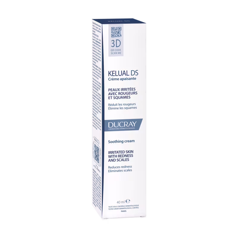A imagem mostra a caixa do Creme Facial Ducray Kelual DS com 40ml