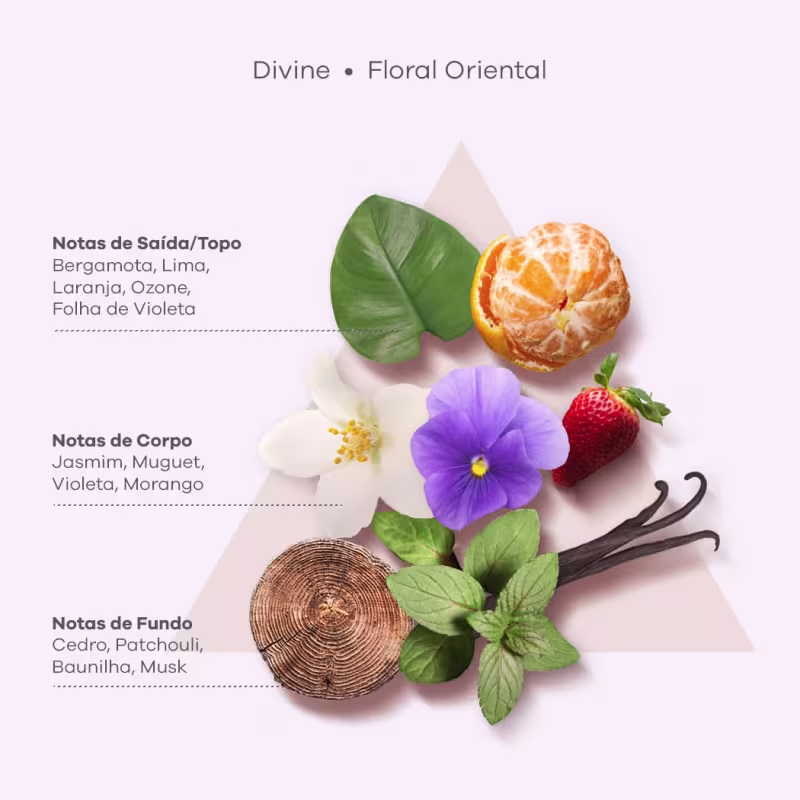A imagem apresenta as notas aromáticas da linha Divine da Braé. As notas de saída incluem bergamota, lima, laranja, ozônio e folha de violeta. As notas de corpo são jasmim, muguet, violeta e morango. As notas de fundo são cedro, patchouli, baunilha e musk