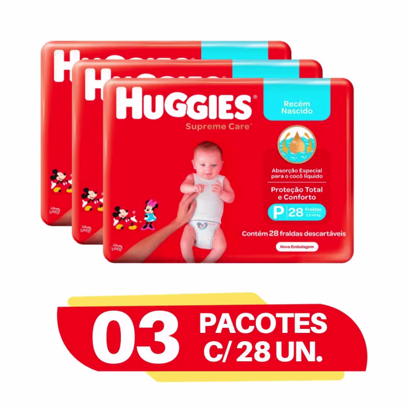 Kit 3 Fraldas Huggies Supreme Care Jumbo P 28 Unidades cada