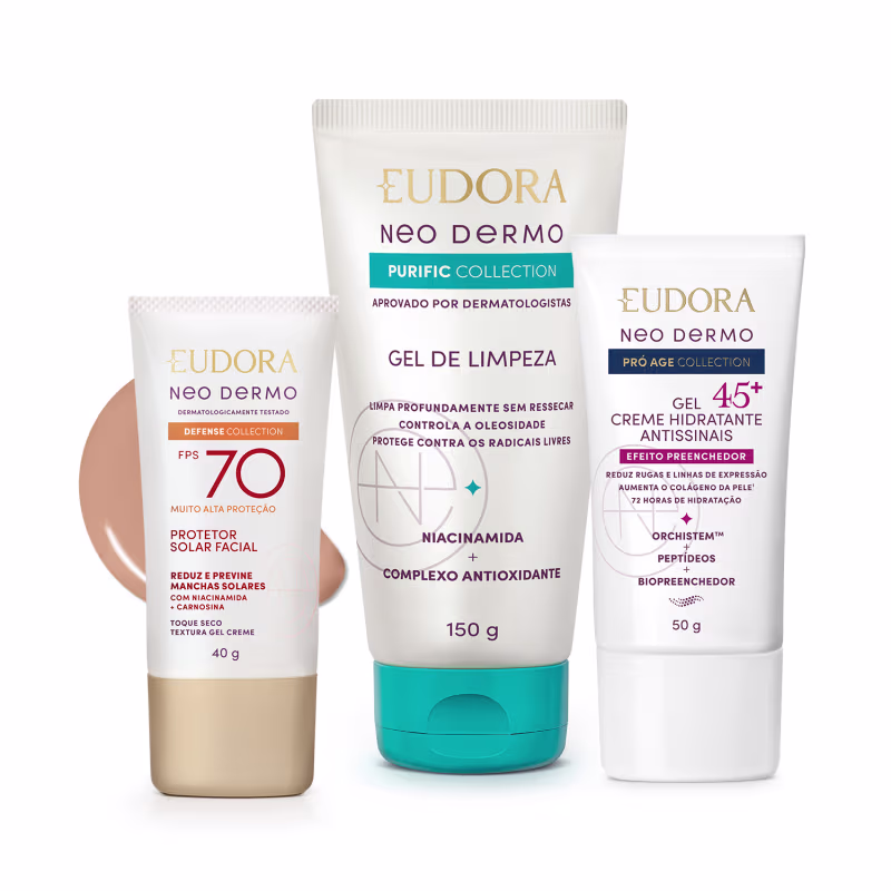 Três produtos da linha Neo Dermo da Eudora: protetor solar facial FPS 70, gel de limpeza e creme hidratante antissinais 45+, em embalagens brancas e azuis com detalhes dourados.