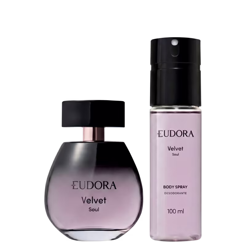 Dois produtos da marca Eudora: um frasco de perfume Velvet Soul e um frasco de desodorante corporal Velvet Soul, ambos em embalagens pretas e rosas com o nome da marca e do produto visíveis.