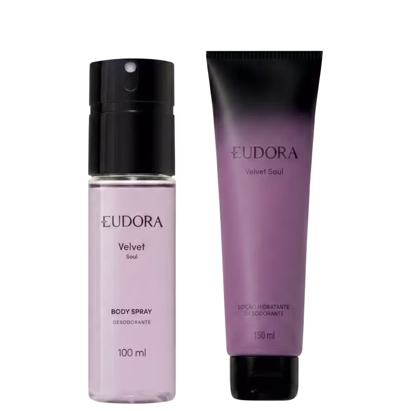 Dois produtos da marca Eudora: um frasco de 100 ml de Body Spray Velvet Soul e um tubo de 150 ml de Loção Hidratante Desodorante Velvet Soul, ambos em tons de rosa e preto.