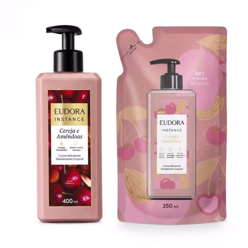 Combo Eudora Instance Cereja e Amêndoas: Creme Hidratante Corporal 400ml + Refil Hidratante Corporal 350ml