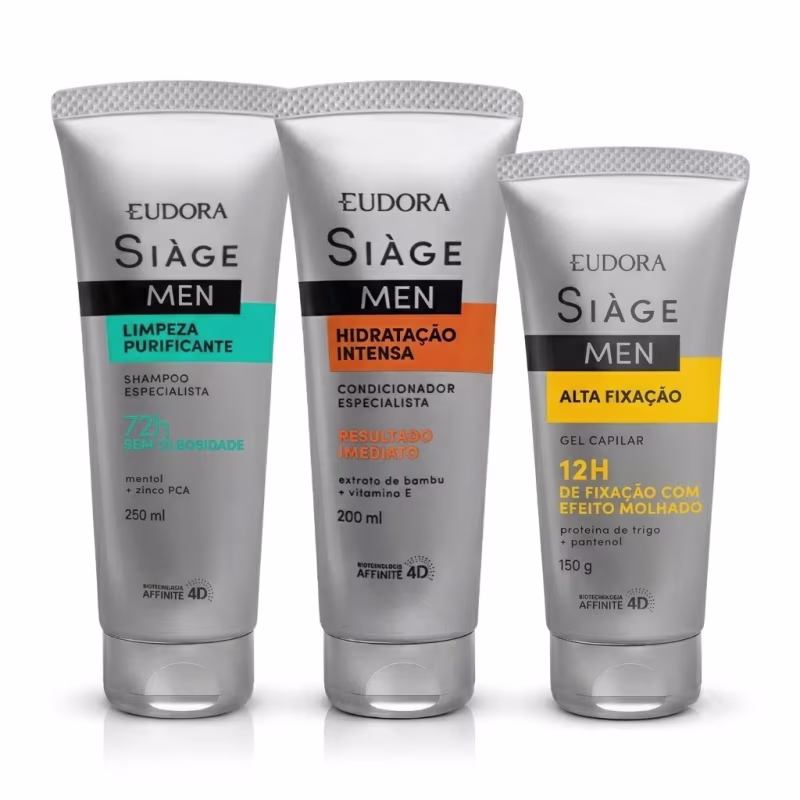 Combo Siàge Men: Shampoo Purificante 250ml + Condicionador Hidratação Intensa 200ml + Gel Capilar 150g