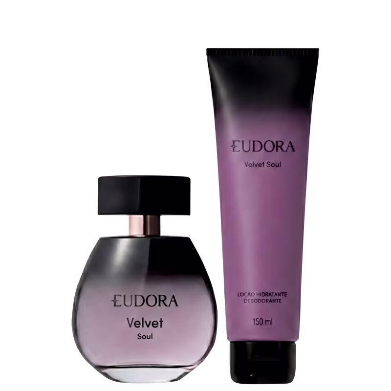 Fragrância Velvet Soul da Eudora em frasco de perfume e embalagem de loção hidratante desodorante, ambos com design elegante e predominância de tons roxos e pretos.