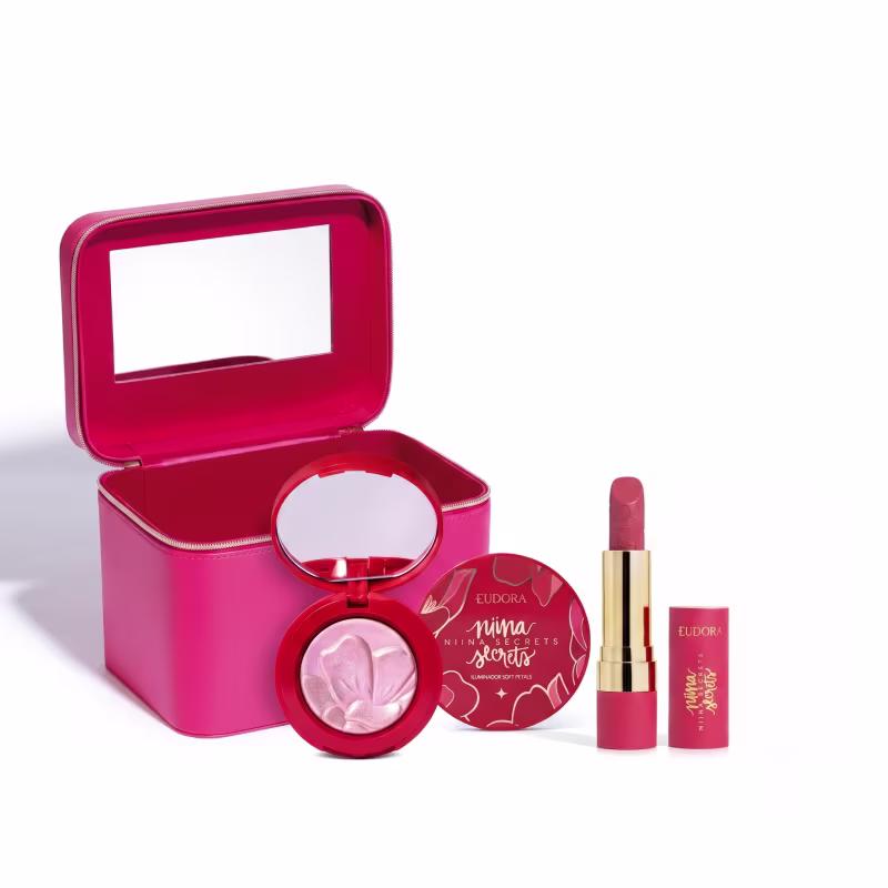 Combo Batom Niina Secrets Soft Petals Rosa Secreta 3,8g + Iluminador Soft Petals 3g + Maleta de Maquiagem