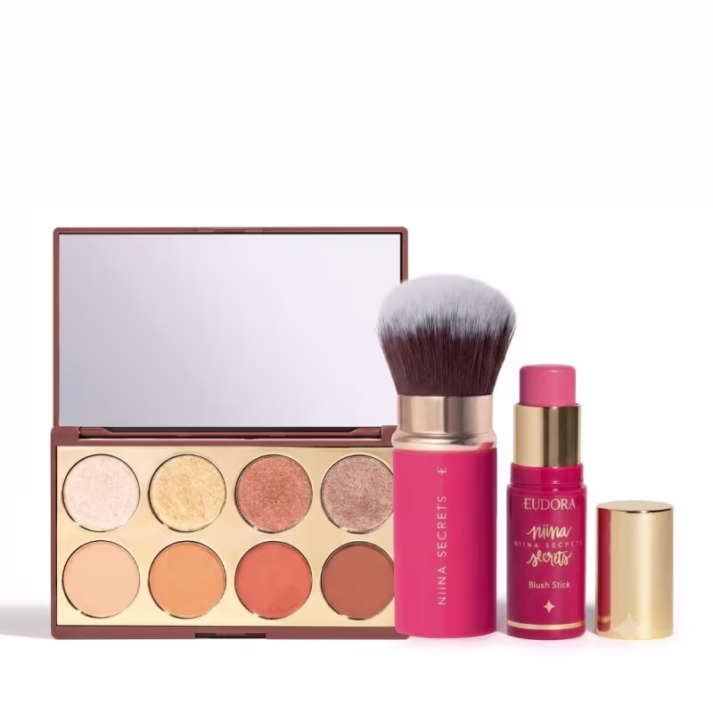 Combo Niina Secrets: Pincel Retrátil Pink Multi + Paleta de Sombras Neutrals 5,6g + Blush Stick Daily Rosa 5g