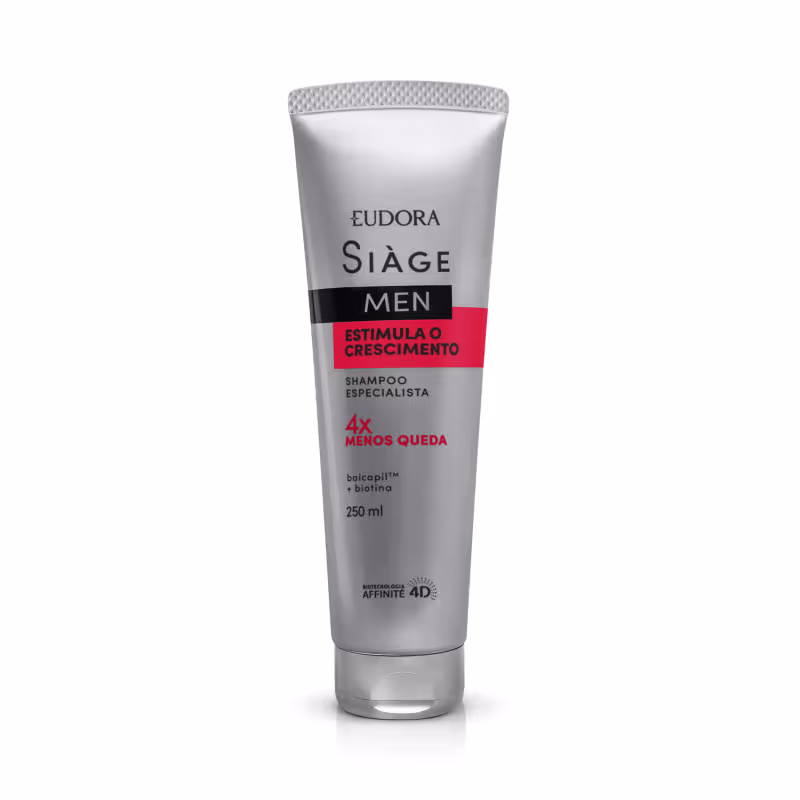 Frasco de shampoo Siàge Men, com embalagem prateada e detalhes em vermelho. Rótulo indica "Estimula o crescimento" e "4x menos queda". Produto voltado para cuidados capilares masculinos.