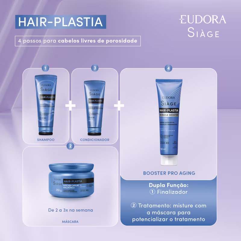 Hair-plastia: 4 passos para cabelos livres de porosidade. Shampoo, condicionador, máscara e booster pro aging. Dupla função: finalizador e tratamento com máscara para potencializar o tratamento.