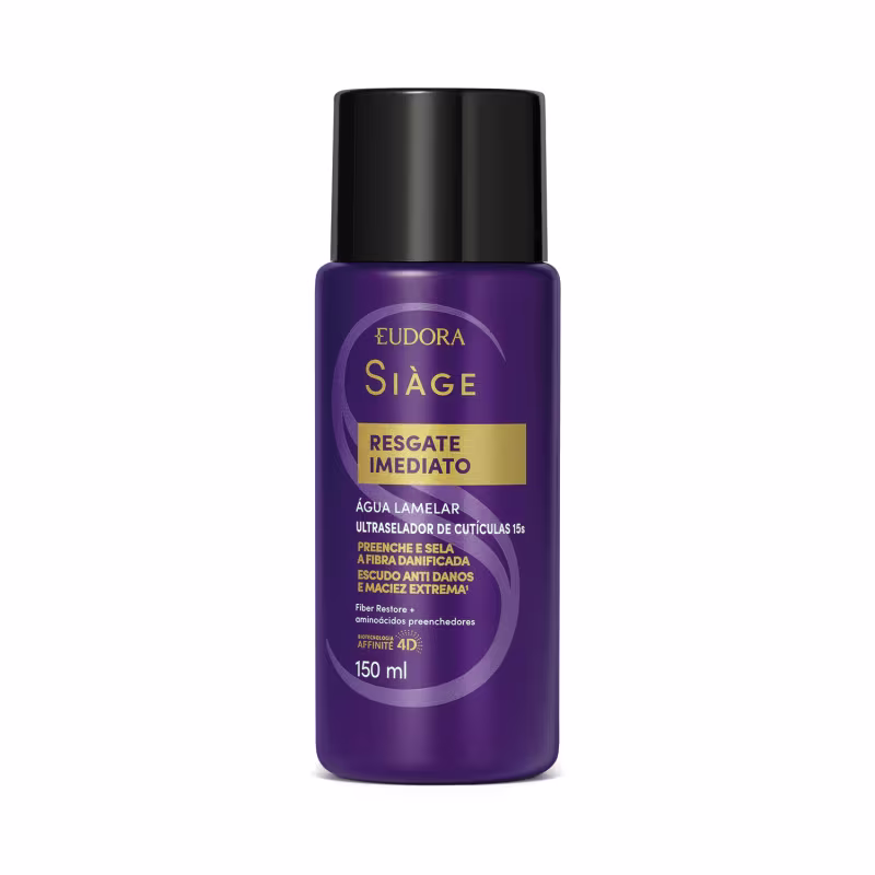 Frasco de 150 ml da linha Siàge da Eudora, com rótulo roxo e dourado, contendo "Resgate Imediato", um produto para cuidados com as cutículas e fibras danificadas dos cabelos.