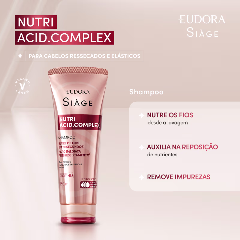 Card do produto com as informações ao lado da imagem da embalagem: Nutri Acid.Complex Shampoo para cabelos ressecados e elásticos. Nutre os fios desde a lavagem, auxilia na reposição de nutrientes e remove impurezas.