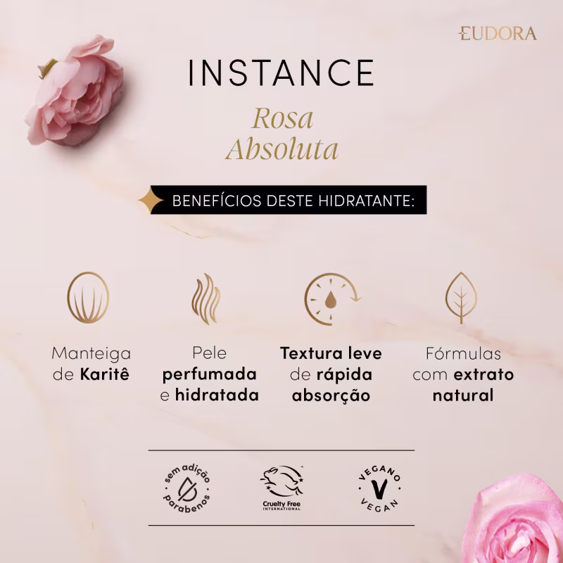 Card com principais informações sobre o Hidrante Instance Rosa Absoluta. No texto, está escrito: Benefícios deste hidratante: Manteiga de Karitê; Pele perfumada e hidratada; Textura leve de rápida absorção; Fórmulas com extrato natural.
