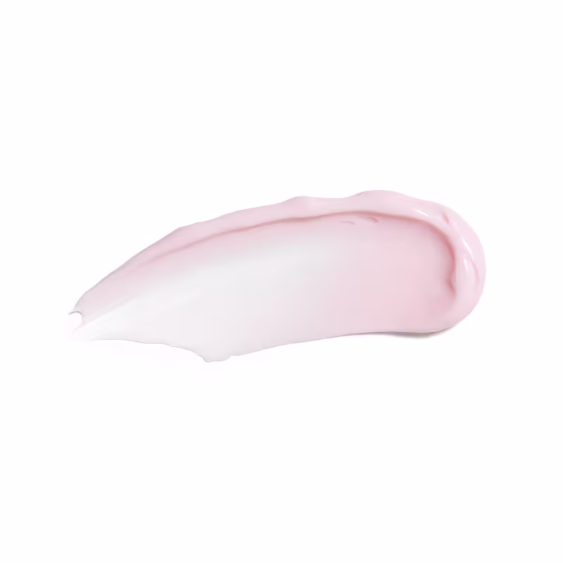 Textura do creme ou loção cosmética de cor rosa e branca. Possui uma forma arredondada e suave, com uma textura cremosa e brilhante. Não é possível identificar qualquer texto ou rótulo visível na imagem.