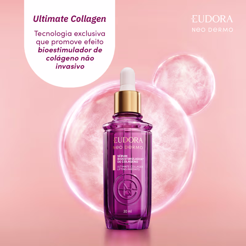 O Sérum Bioestimulador está no centro da imagem, que mostra umas bolhas atrás. Acima, temos escrito: Ultimate Collagen, tecnologia exclusiva que promove efeito bioestimulador de colágeno não invasivo.