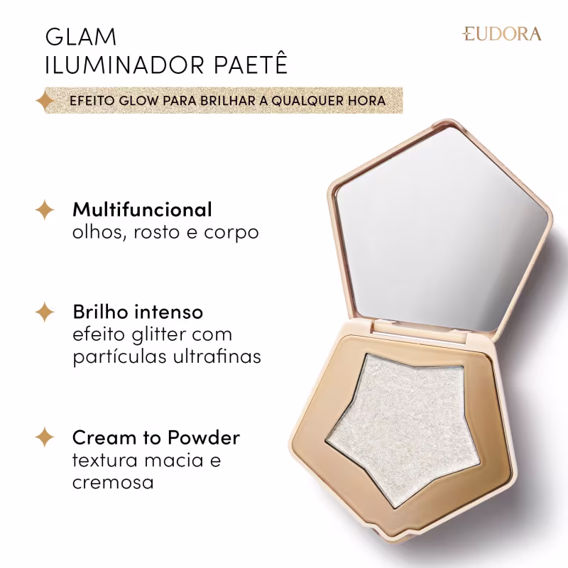 Card do Glam Iluminador Paetê: efeito glow para brilhar a qualquer hora. Imagem do produto aberto e ao lado os claims: Multifuncional: olhos, rosto e corpo; Brilho intenso: efeito glitter com partículas ultrafinas; Cream to Powder: textura macia e cremosa