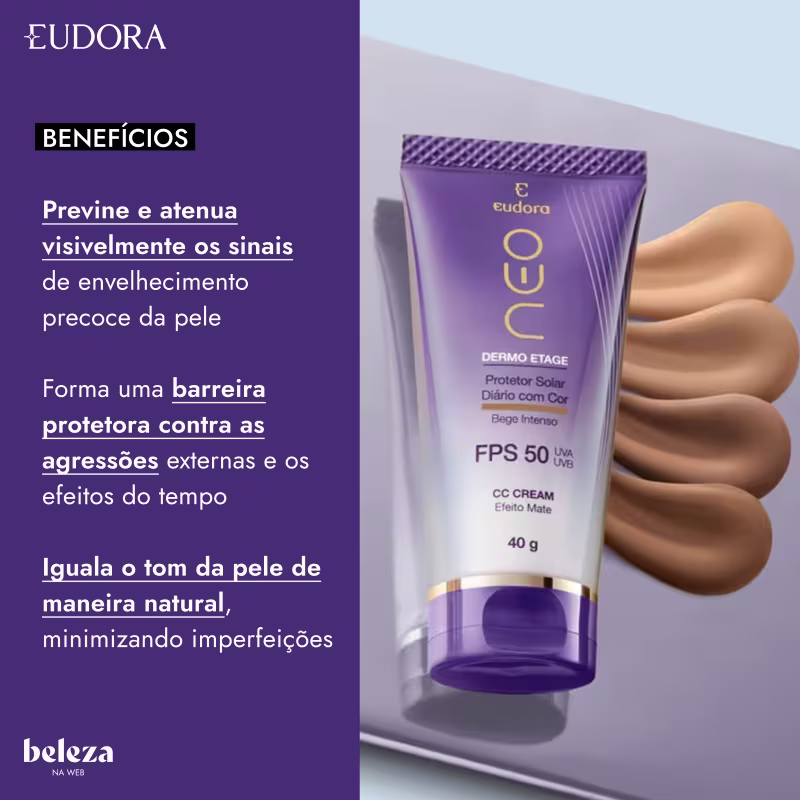 Benefícios: Previne e atenua visivelmente os sinais de envelhecimento precoce da pele. Forma uma barreira protetora contra as agressões externas e os efeitos do tempo. Iguala o tom da pele de maneira natural, minimizando imperfeições.