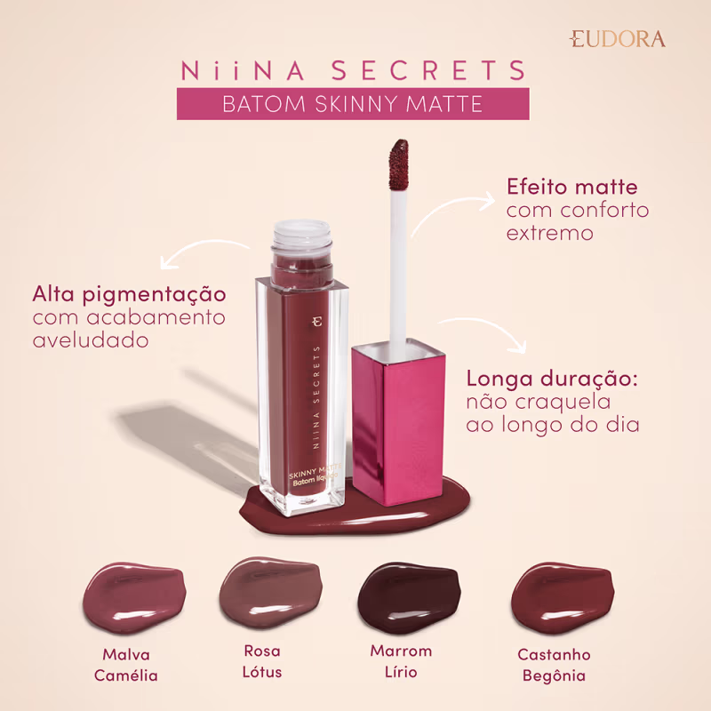 Batom Líquido Eudora Niina Secrets Skinny Matte Rosa Lótus, 5ml.