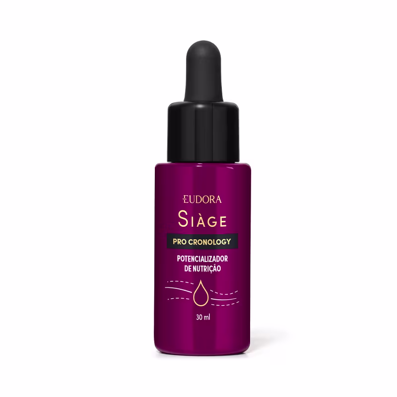 O produto apresentado é um potencializador de nutrição da linha Siàge Pro Cronology. O frasco possui um conta-gotas preto na parte superior. A embalagem possui uma cor predominante de roxo escuro, com o nome da linha impressos no rótulo.