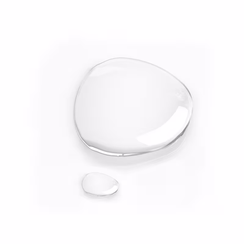 Textura do produto, em uma forma arredondada e transparente. Com uma consistência líquida.