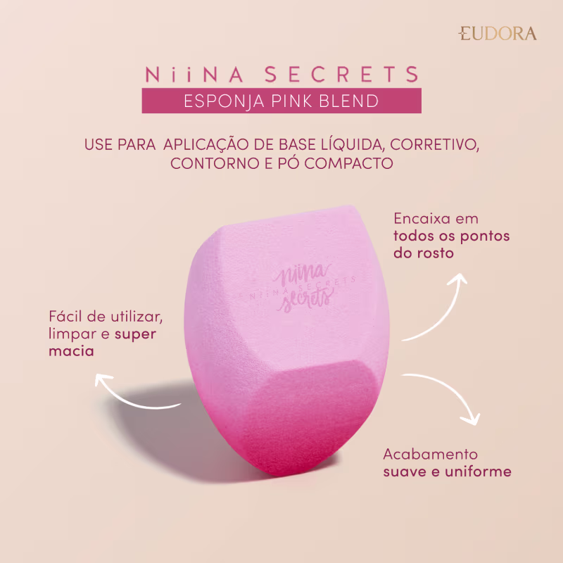 Card da Esponja Pink Blend: use para aplicação de base líquida, corretivo, contorno e pó compacto. Claims: encaixa em todos os pontos do rosto; fácil de usar, limpar e supermacia, acabamento uniforme e suave.