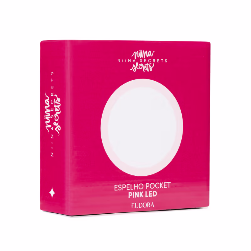 A embalagem é uma caixa retangular de cor rosa vibrante, com o nome da marca e o tipo de produto ("Espelho Pocket Pink LED") impressos na frente. Também estão presentes as marcas: Niina Secrets, Eudora.