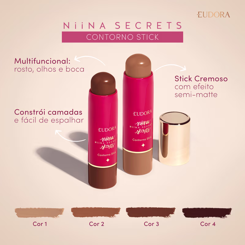 Card do Contorno Stick Niina Secrets. Temos dois produtos de cor diferente ao centro e ao redor os claims: Multifuncional (rosto, olhos e boca); Efeito semi-matte; Constrói camadas e fácil de espalhar. Abaixo, temos 4 texturas de cores diferentes.