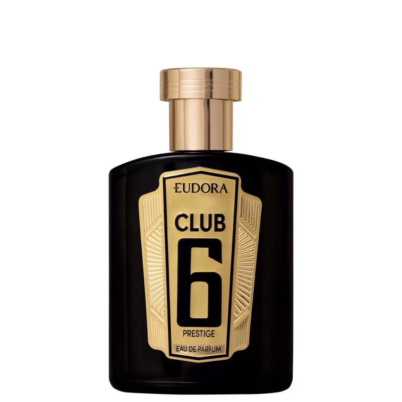 Frasco de perfume Eudora Club 6 Prestige, com embalagem preta e dourada, destacando o número 6 e a palavra "Prestige" em letras douradas.