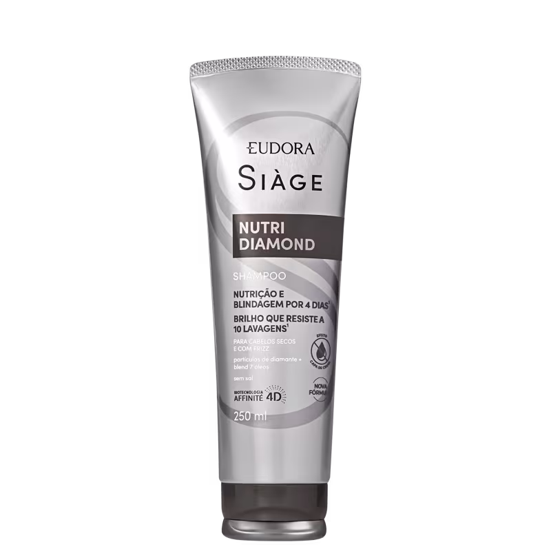 Frasco de shampoo Siàge Nutri Diamond, com embalagem branca e cinza, contendo 250 ml do produto. Destaca-se o texto "Nutri Diamond" e informações sobre nutrição, brilho e resistência a lavagens.