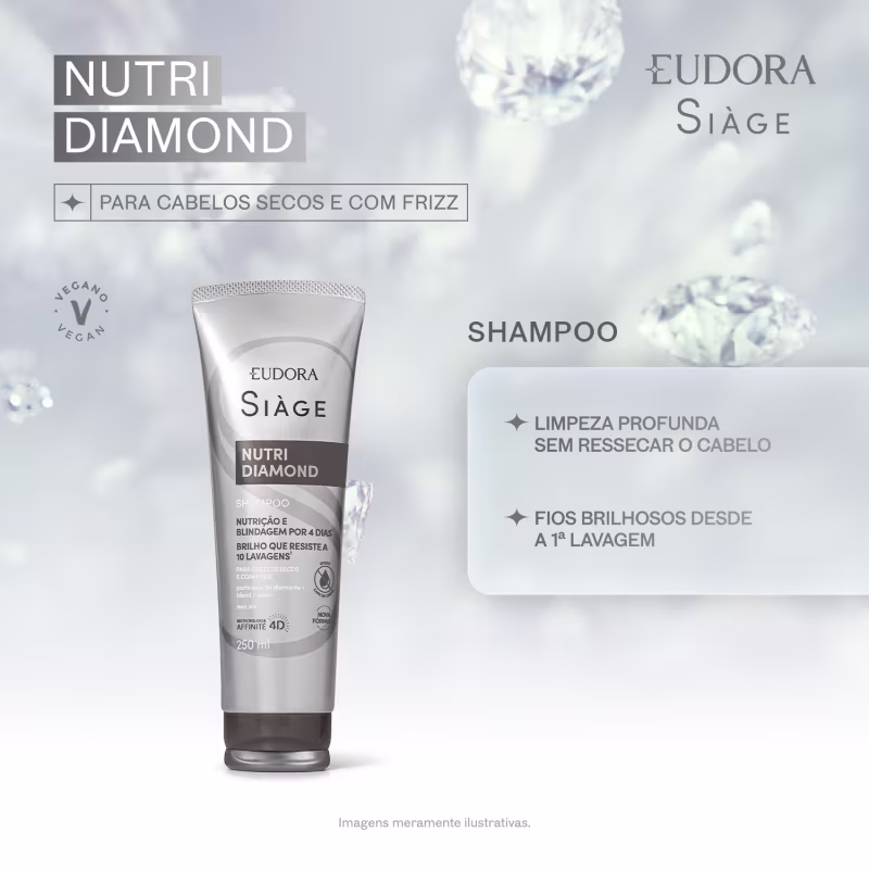 Embalagem de shampoo da marca Eudora Sìage Nutri Diamond. Texto na embalagem: "NUTRI DIAMOND - Para cabelos secos e com frizz - Shampoo - Limpeza profunda sem ressecar o cabelo - Fios brilhosos desde a 1ª lavagem".