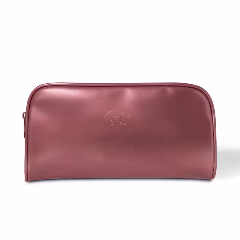 Nécessaire rosé metálico da marca Siàge, com zíper e formato retangular, visto de frente.