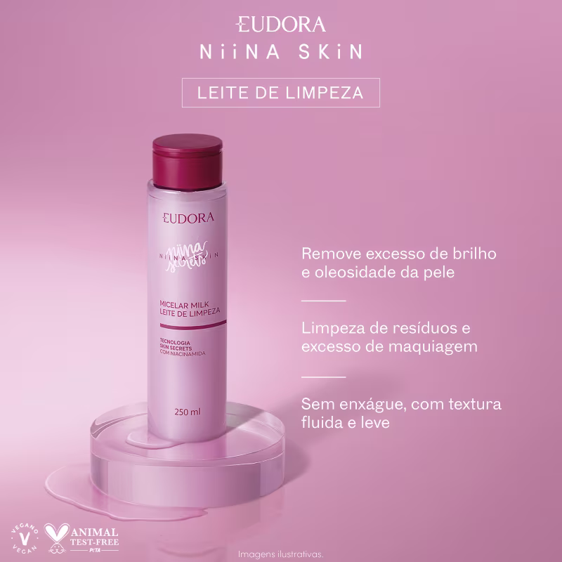 Leite de limpeza Eudora Niina Skin. Remove excesso de brilho e oleosidade da pele. Limpeza de resíduos e excesso de maquiagem. Sem enxágue, com textura fluida e leve.