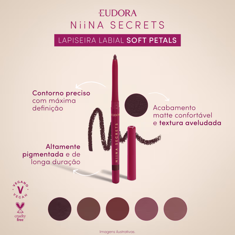 Imagem da lapiseira labial centralizada, com os benefícios ao redor: Contorno preciso com máxima definição; Acabamento matte confortável; Altamente pigmentada e de longa duração. Com indicação de 5 cores do produto. Selo vegano e cruelty-free. 
