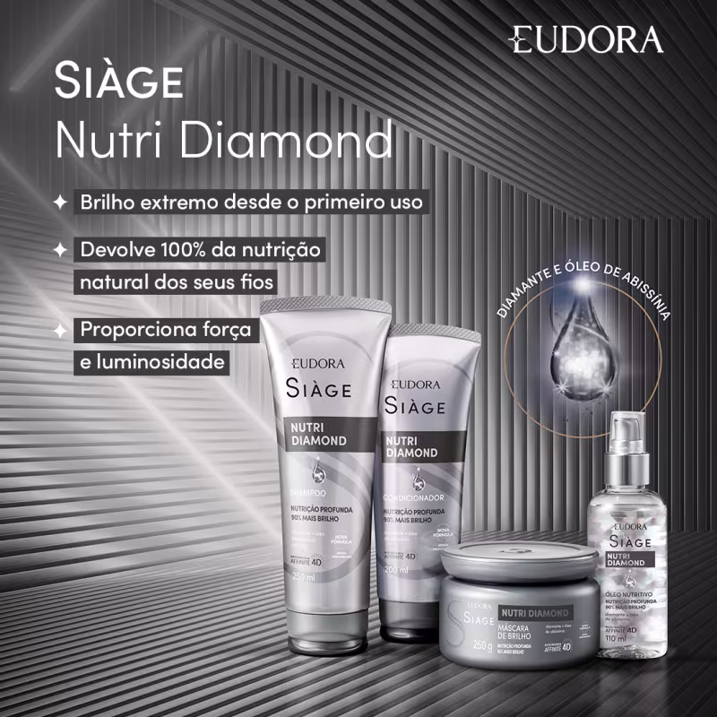 Os produtos de beleza chamada "Siàge Nutri Diamond" são apresentados com frascos e embalagens na cor prateada. Os itens exibidos são: shampoo e condicionador, uma máscara de brilho em um pote e o óleo nutritivo.