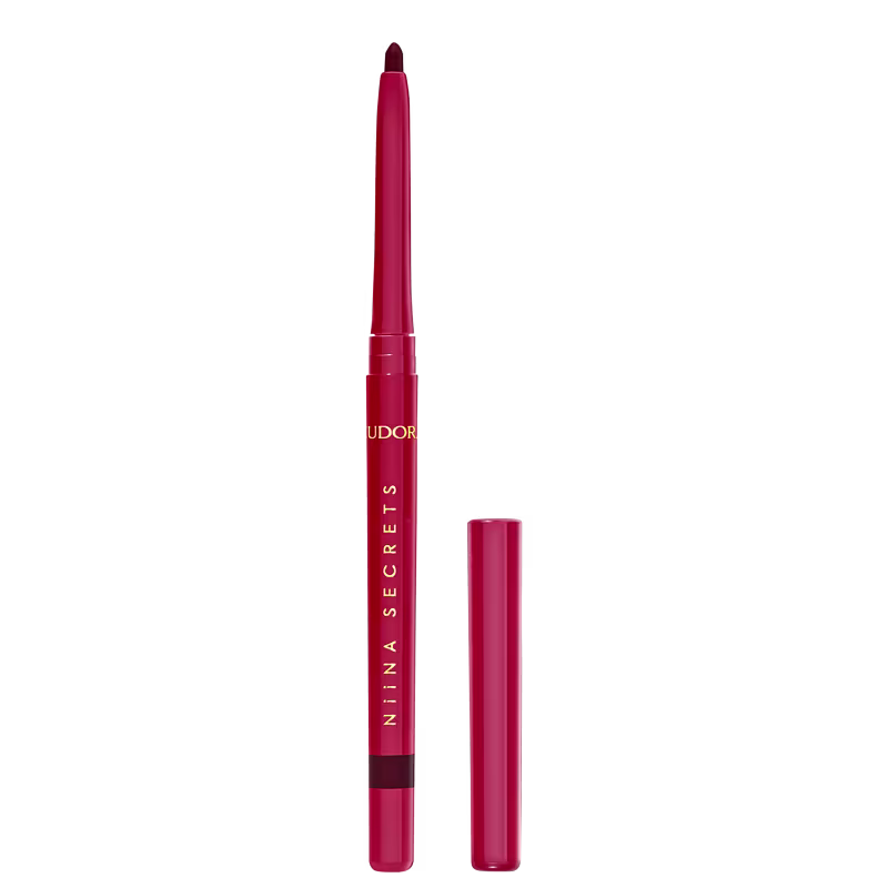 Lápis labial vermelho da marca Eudora, com embalagem cilíndrica e ponteira afilada, exibindo o nome da marca em letras douradas.