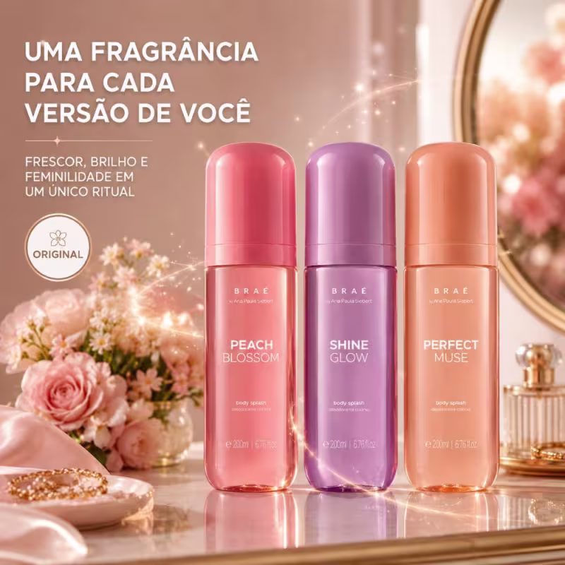 Kit Trio Braé by Ana Paula Siebert Body Splash Shine Glow 200ml + Body Splash Perfect Muse 200ml + Peach Blossom 200ml
