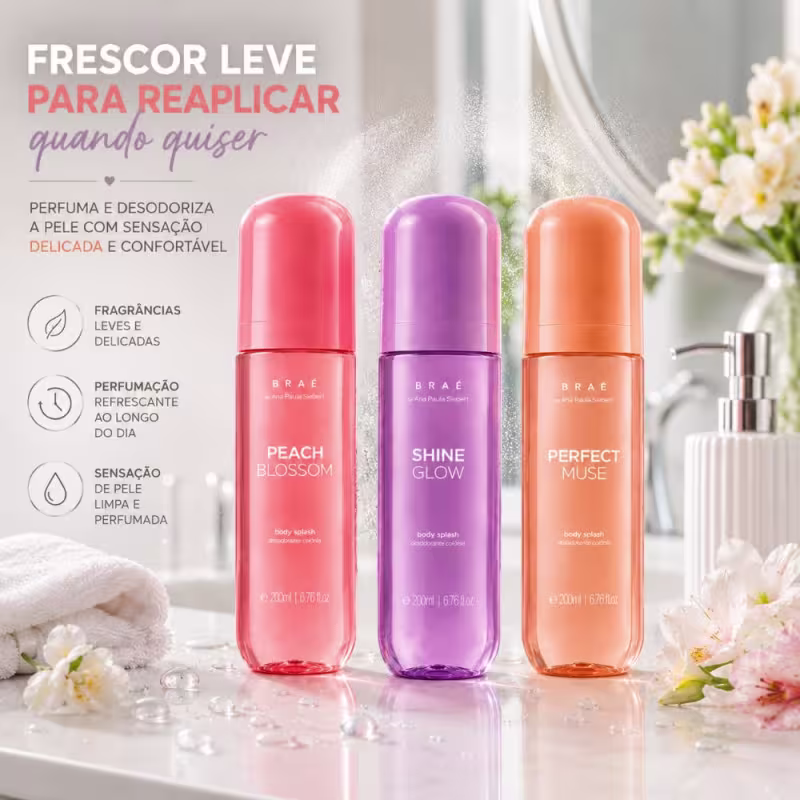 Kit Trio Braé by Ana Paula Siebert Body Splash Shine Glow 200ml + Body Splash Perfect Muse 200ml + Peach Blossom 200ml