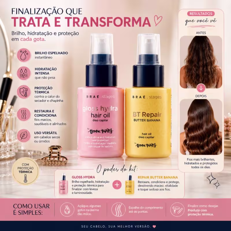 Kit Braé Stages by Bruna Tavares Óleo Gloss Hydra + Óleo Condicionante Repair Butter Banana 60ml