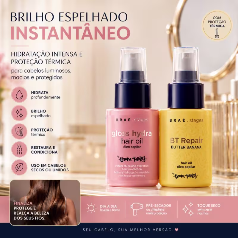 Kit Braé Stages by Bruna Tavares Óleo Gloss Hydra + Óleo Condicionante Repair Butter Banana 60ml