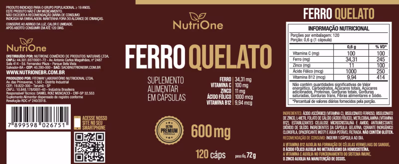 Fórmula Premium Ferro Quelato + 4 Ativos Concentrados 120 Cápsulas - Nutrione