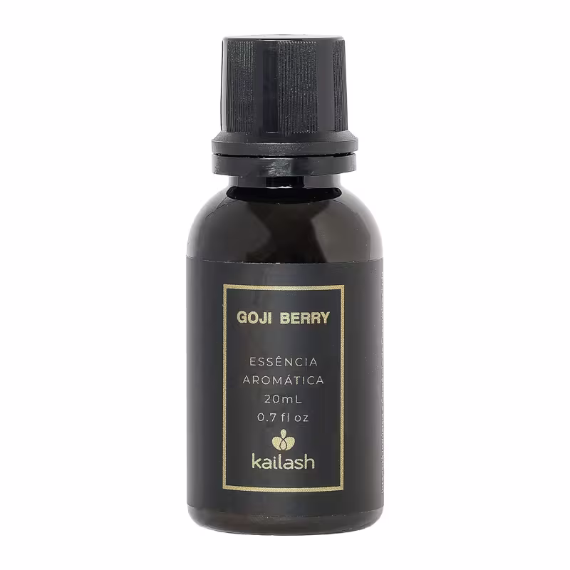 Frasco de essência aromática Goji Berry da marca Kailash, com 20 mL de conteúdo. Embalagem preta com rótulo dourado, apresentando o nome do produto e informações sobre a marca.