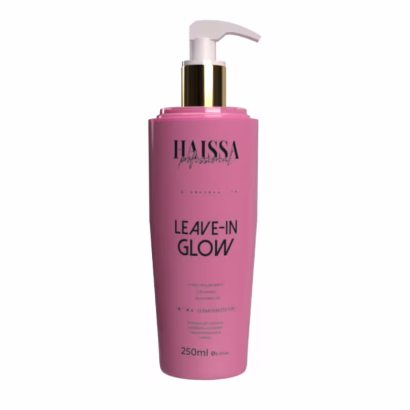 Frasco rosa com bomba doseadora dourada contendo o produto "Leave-in Glow" da marca Haissa Profissional, com informações sobre o produto impressas no rótulo.