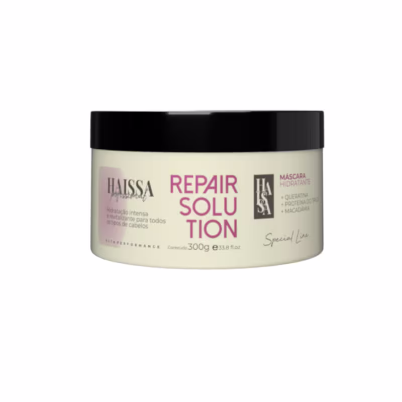 Pote preto e branco da linha Repair Solution da marca Haissa Profissional, contendo 300g de máscara hidratante para cabelos. Rótulo com nome do produto e informações sobre os principais ingredientes.