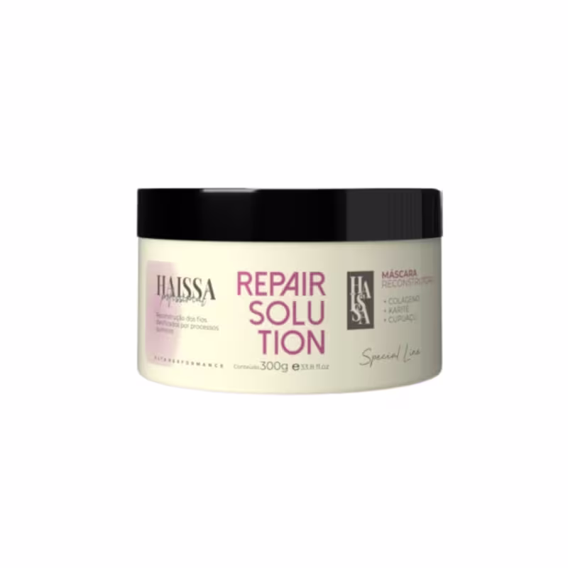 Pote preto e branco da linha Repair Solution da marca Haissa Profissional, contendo 300g de produto. O rótulo destaca os ingredientes como colágeno, queratina e cupuaçu.