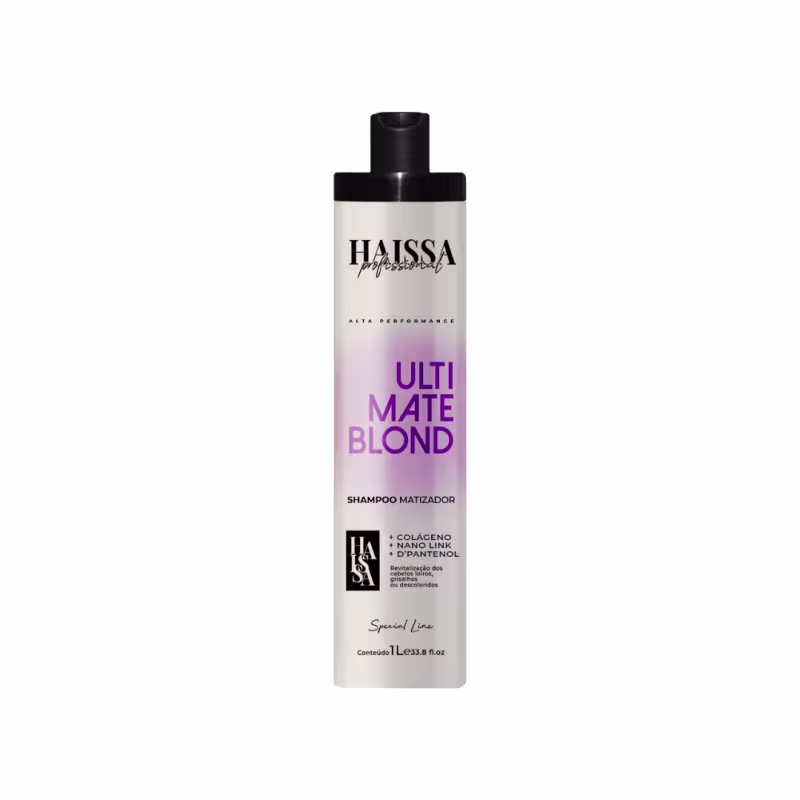 Frasco de shampoo Haissa Profissional da linha Ultimate Blond, com design preto e branco, contendo 1L de produto. O rótulo destaca o nome "Ultimate Blond" e menciona ingredientes como colágeno, nano-link e d'pantenol.