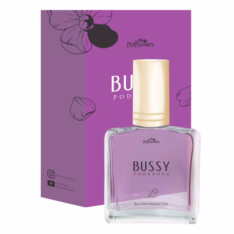 A imagem mostra o Perfume Íntimo Bussy Poderosa da marca HotFlowers e sua caixa ao fundo.